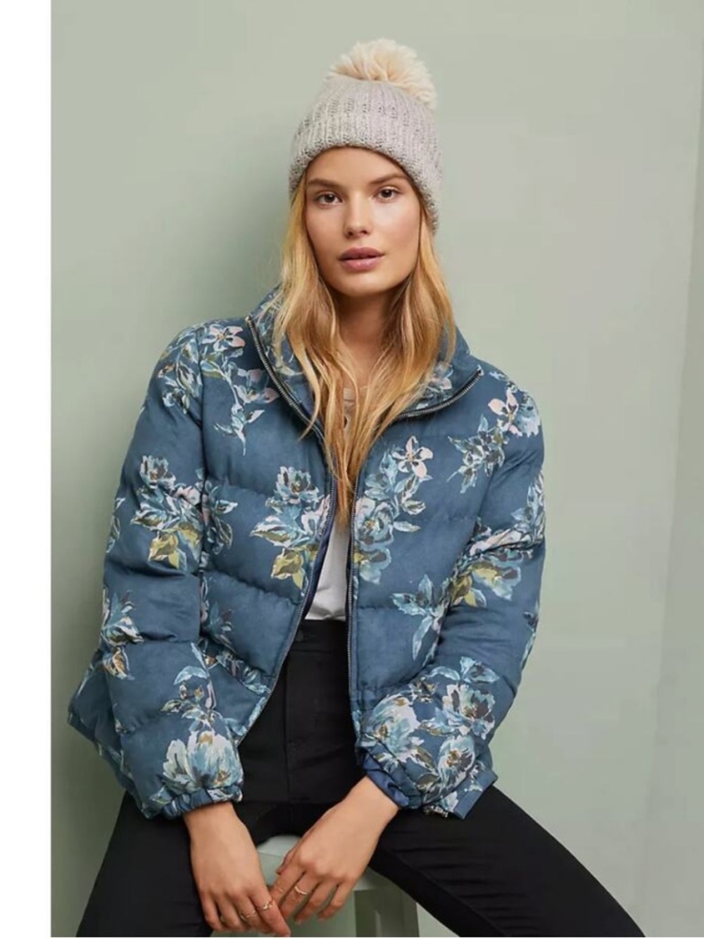 Anthropologie Ett:Twa Floral Blue Puffer Jacket Thick Zip Up